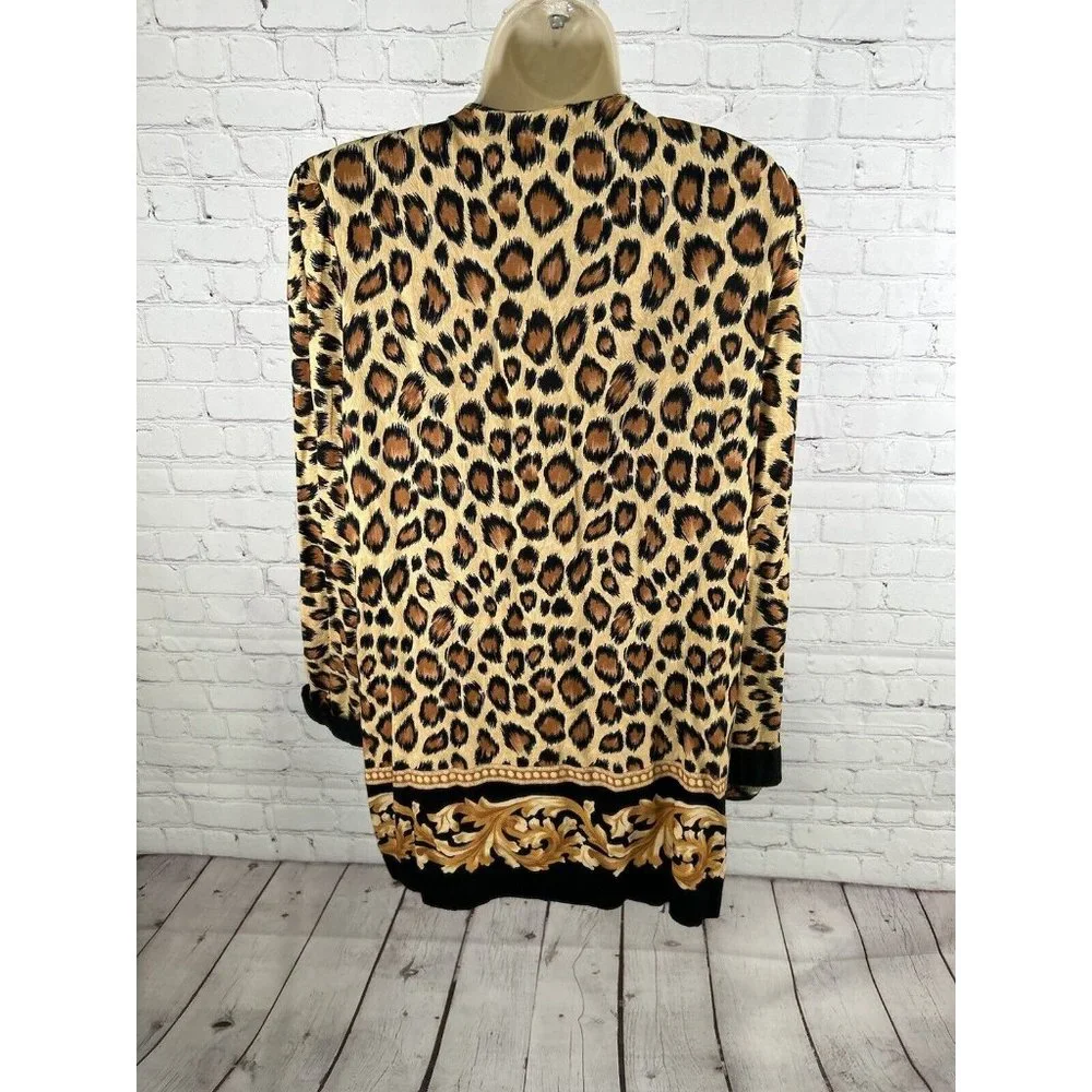 VTG Periwinkle Cheetah Print Shoulder Pad Open Front Long Sleeve Cardigan USA 18